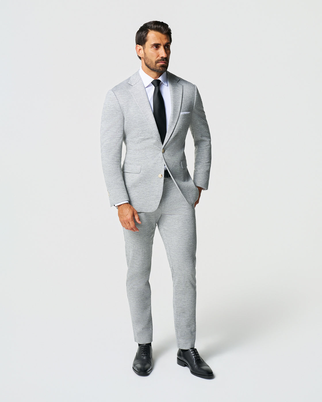 State & Liberty - Athletic Fit Stretch Wool Blazer - Light Grey with White Mini Stripe