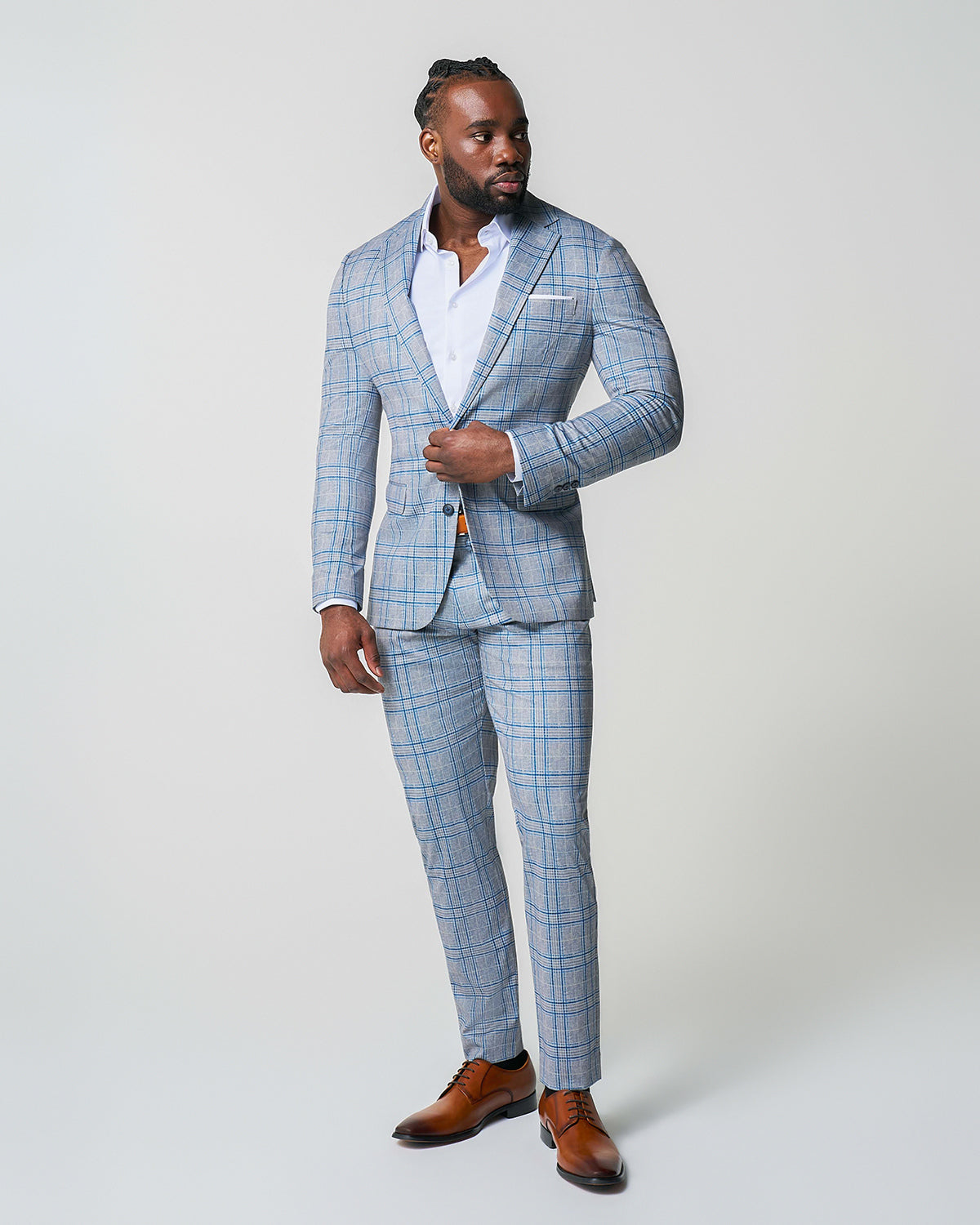 State & Liberty - Athletic Fit Stretch Suit Pants - Grey & Royal Blue Plaid