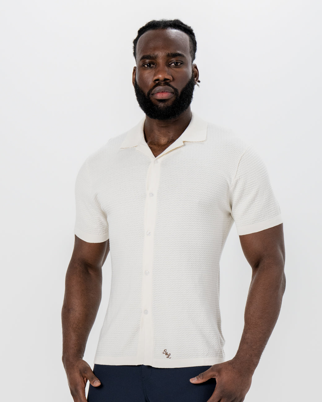 State & Liberty - Textured Knit Short Sleeve Button Down - Tan