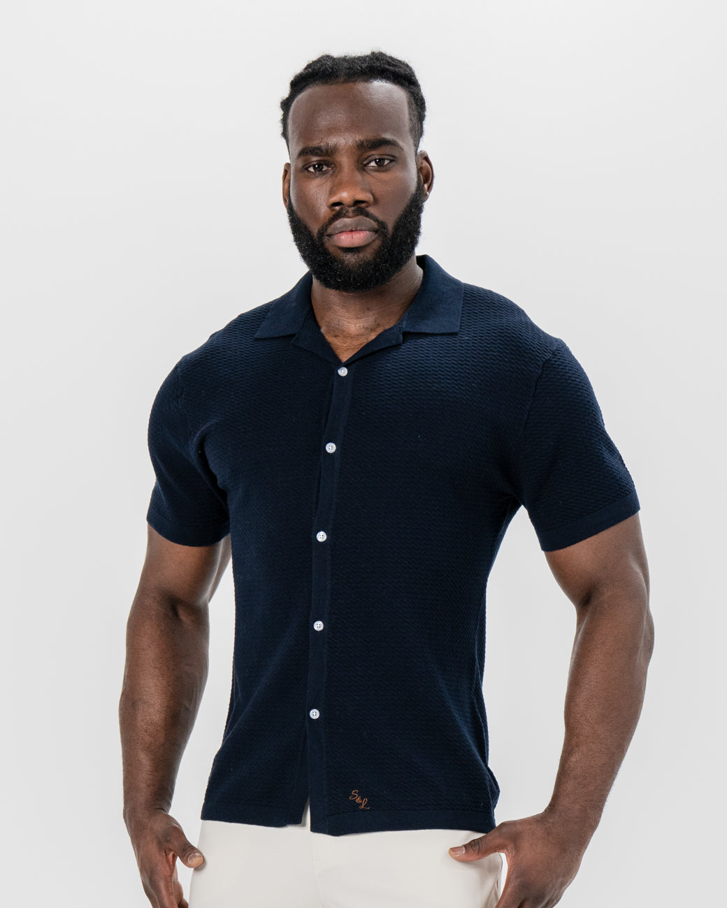 State & Liberty - Textured Knit Short Sleeve Button Down - Navy