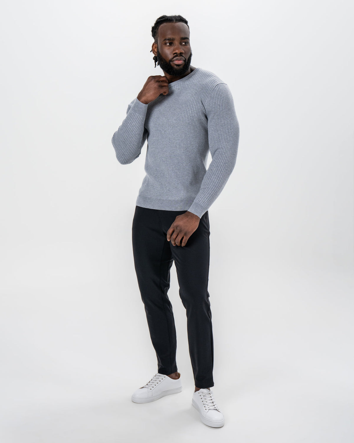 State & Liberty - Mid-Weight Ribbed Knit Crewneck Sweater - Light Grey
