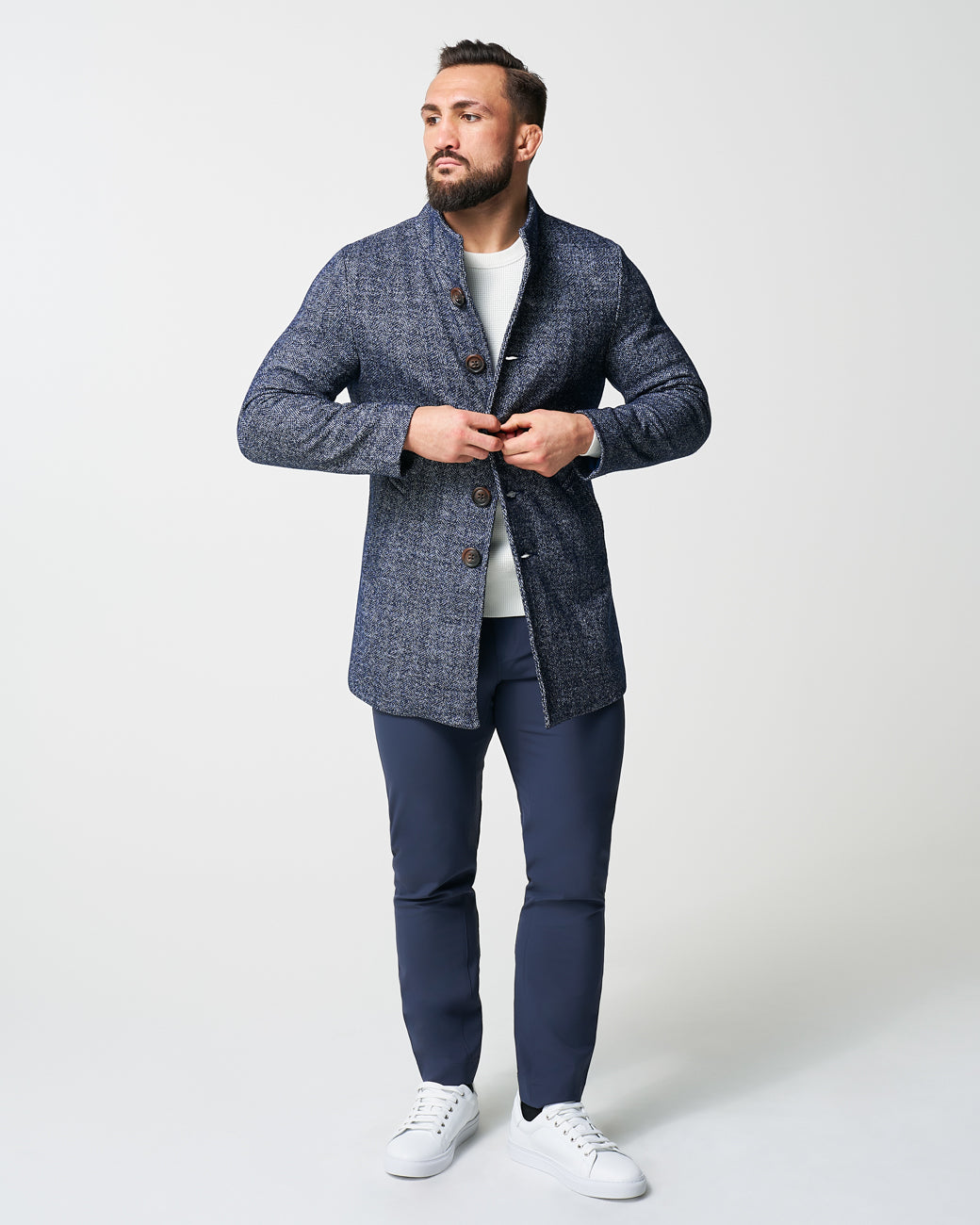 State & Liberty - Open Button Overcoat - Navy Herringbone
