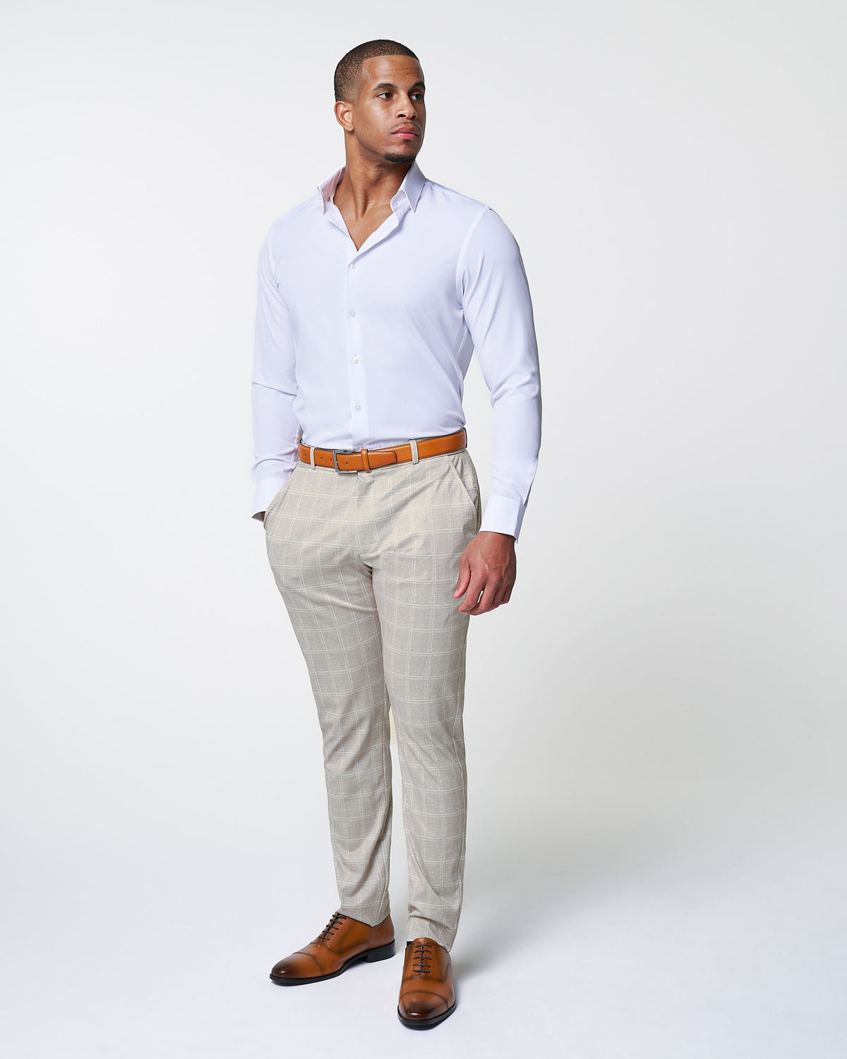 State & Liberty - Athletic Fit Stretch Suit - Tan and White Windowpane Suit