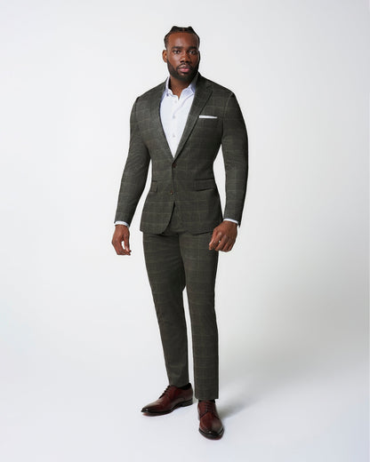 State & Liberty - Athletic Fit Stretch Suit - Olive with White Windowpane