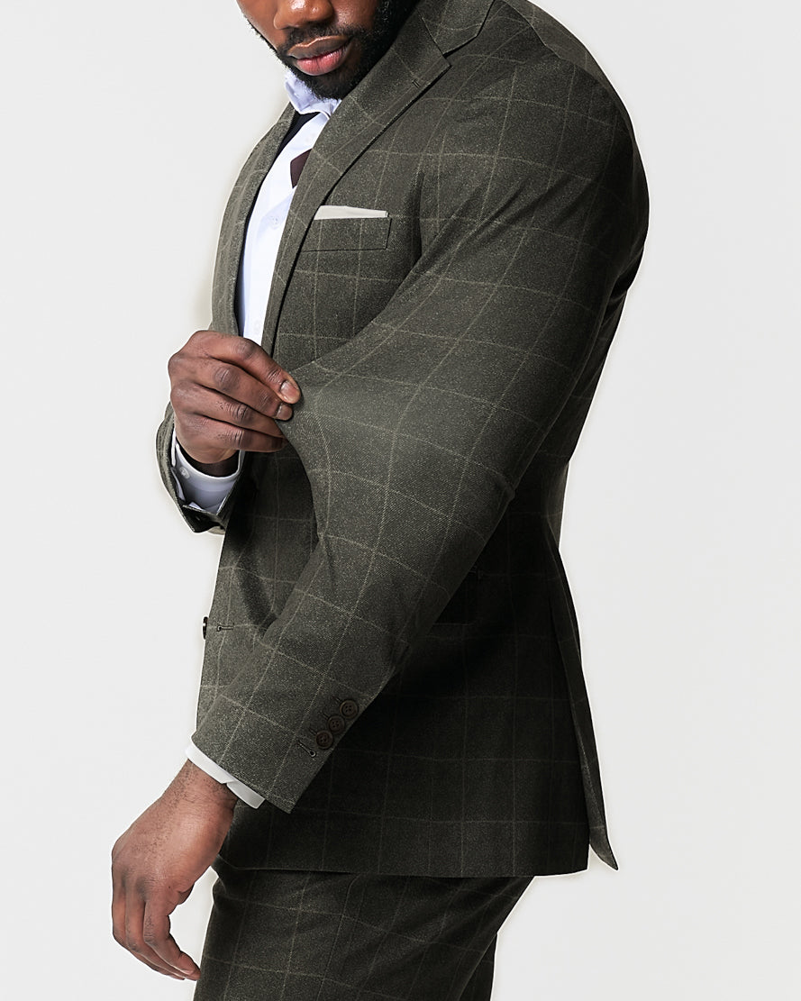 State & Liberty - Athletic Fit Stretch Suit - Olive with White Windowpane