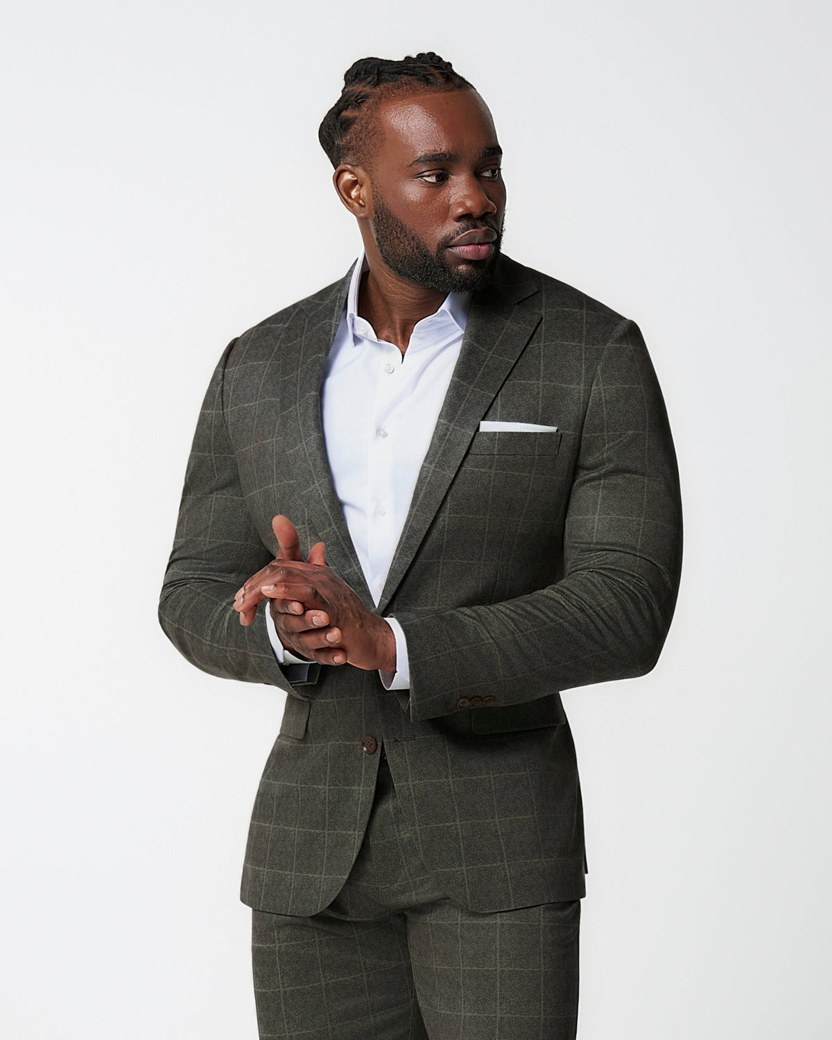State & Liberty - Athletic Fit Stretch Suit - Olive with White Windowpane