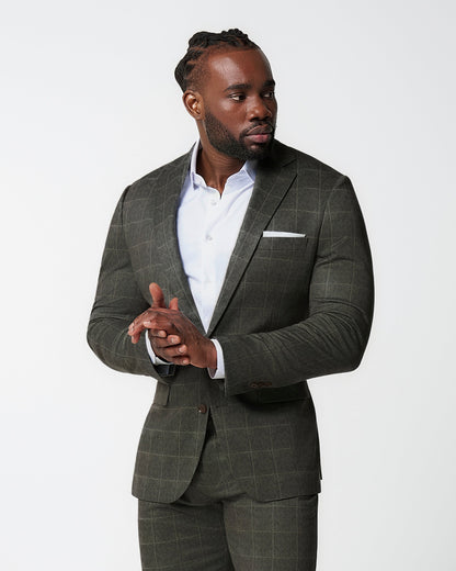 State & Liberty - Athletic Fit Stretch Suit - Olive with White Windowpane