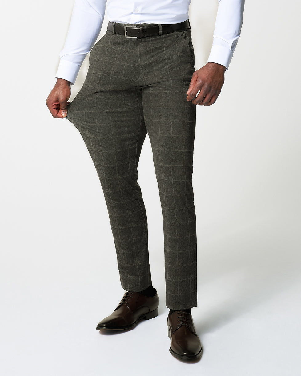 State & Liberty - Athletic Fit Stretch Suit - Olive with White Windowpane