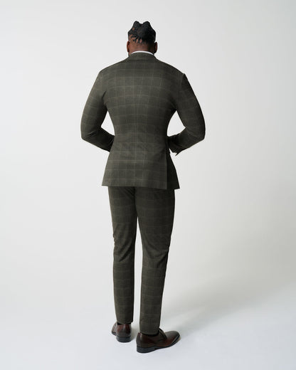 State & Liberty - Athletic Fit Stretch Suit - Olive with White Windowpane