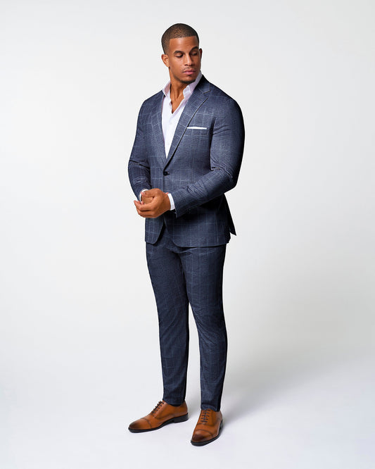 State & Liberty - Athletic Fit Stretch Suit - Textured Navy with White Windowpane