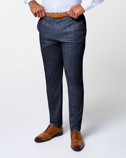State & Liberty - Athletic Fit Stretch Suit - Textured Navy with White Windowpane