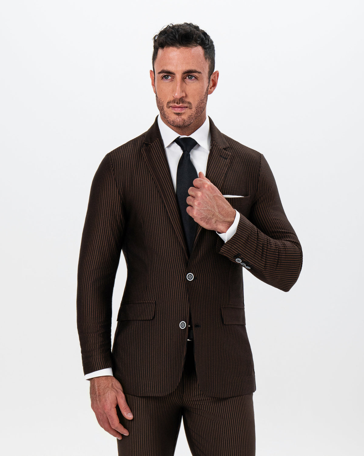 State & Liberty - Athletic Fit Stretch Suit - Brown and Black Seersucker