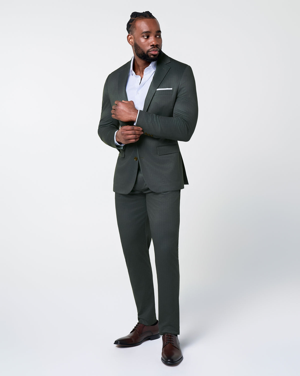 State & Liberty - Athletic Fit Stretch Suit - Army Green Microcheck