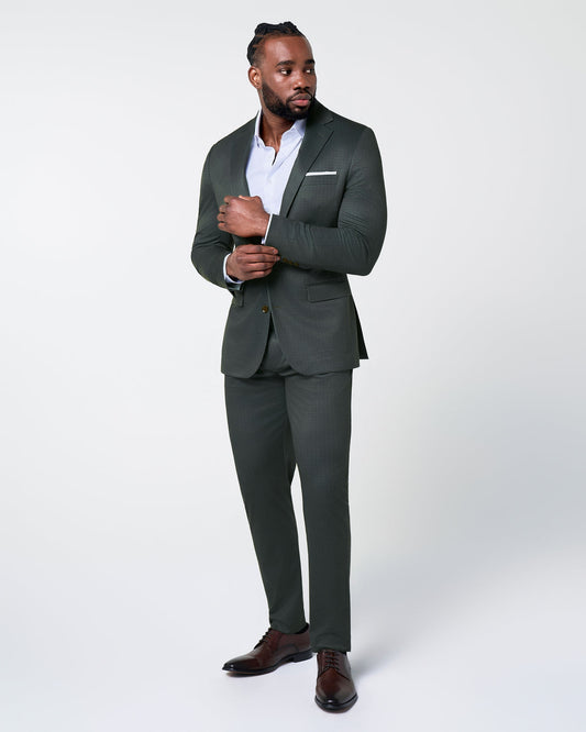 State & Liberty - Athletic Fit Stretch Suit - Army Green Microcheck