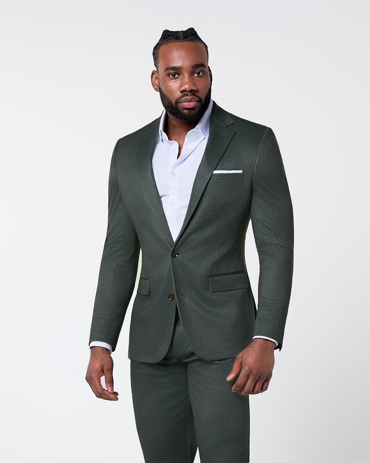State & Liberty - Athletic Fit Stretch Suit - Army Green Microcheck