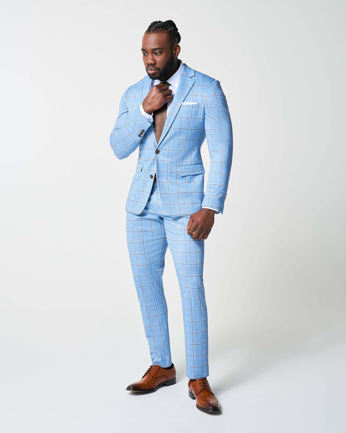 State & Liberty - Athletic Fit Stretch Suit - Light Blue and Brown Big Windowpane
