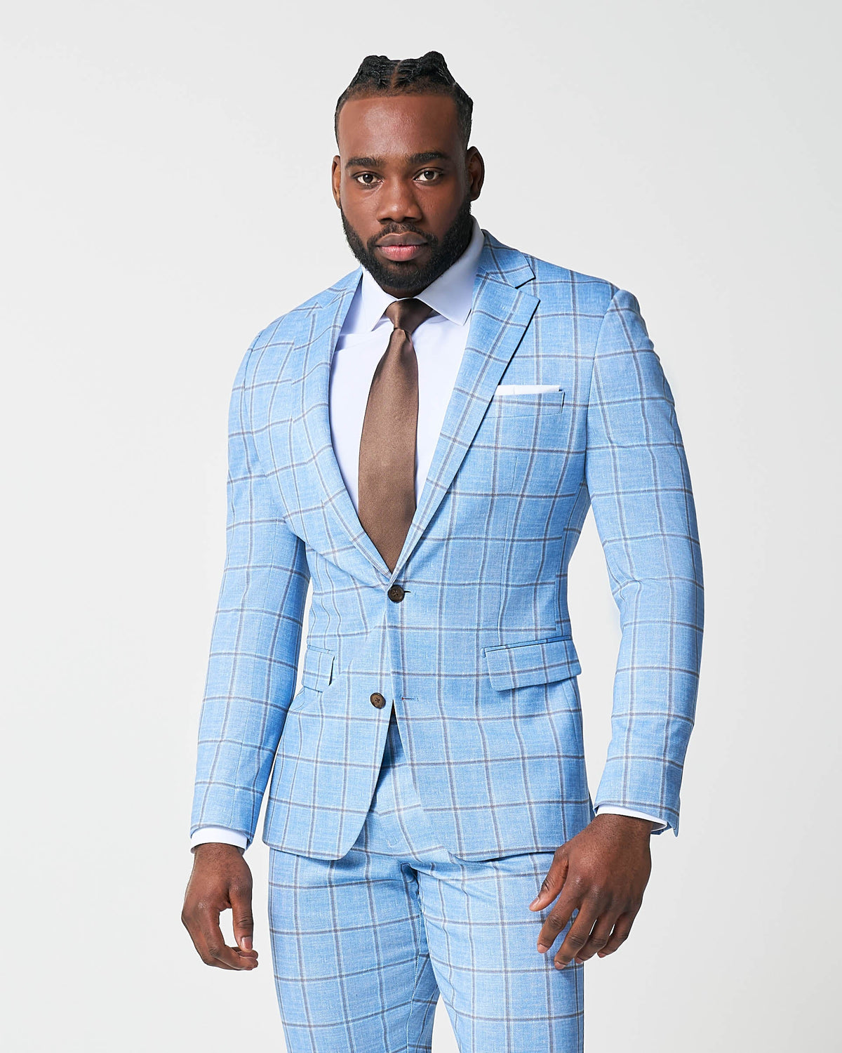 State & Liberty - Athletic Fit Stretch Suit - Light Blue and Brown Big Windowpane