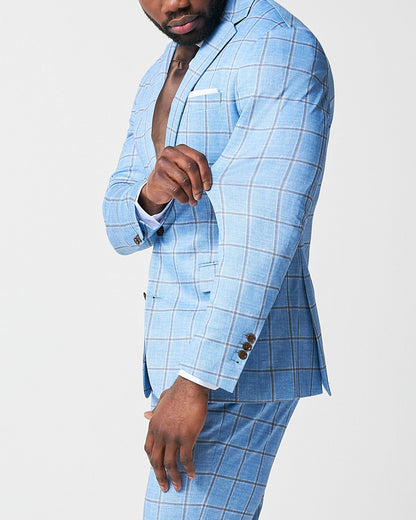 State & Liberty - Athletic Fit Stretch Suit - Light Blue and Brown Big Windowpane