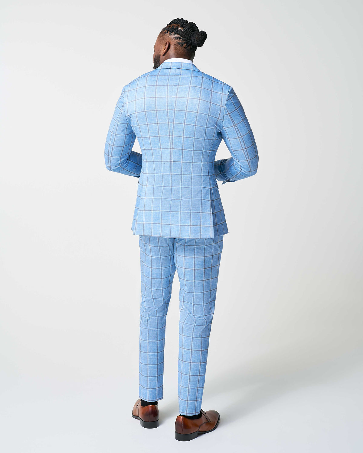 State & Liberty - Athletic Fit Stretch Suit - Light Blue and Brown Big Windowpane