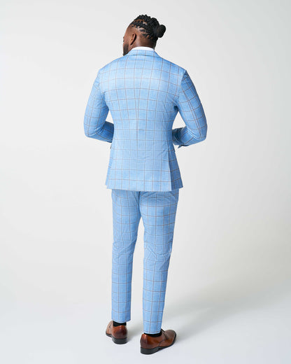 State & Liberty - Athletic Fit Stretch Suit - Light Blue and Brown Big Windowpane