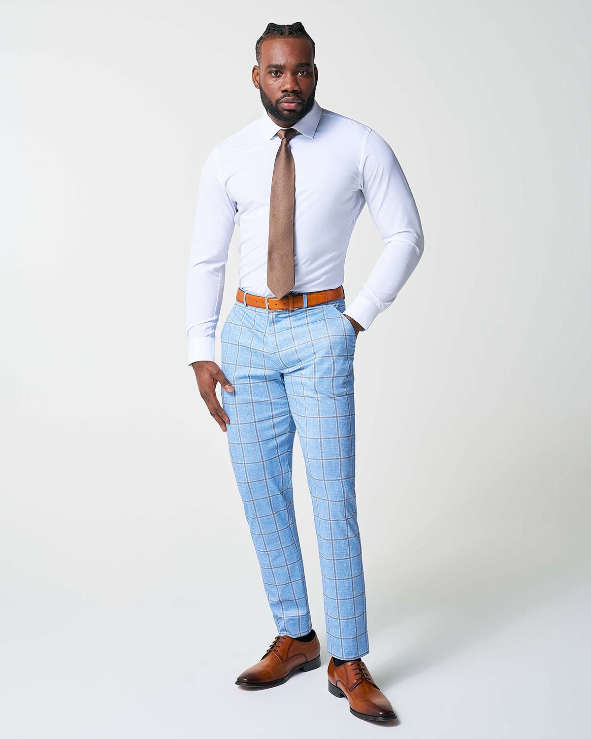 State & Liberty - Athletic Fit Stretch Suit - Light Blue and Brown Big Windowpane