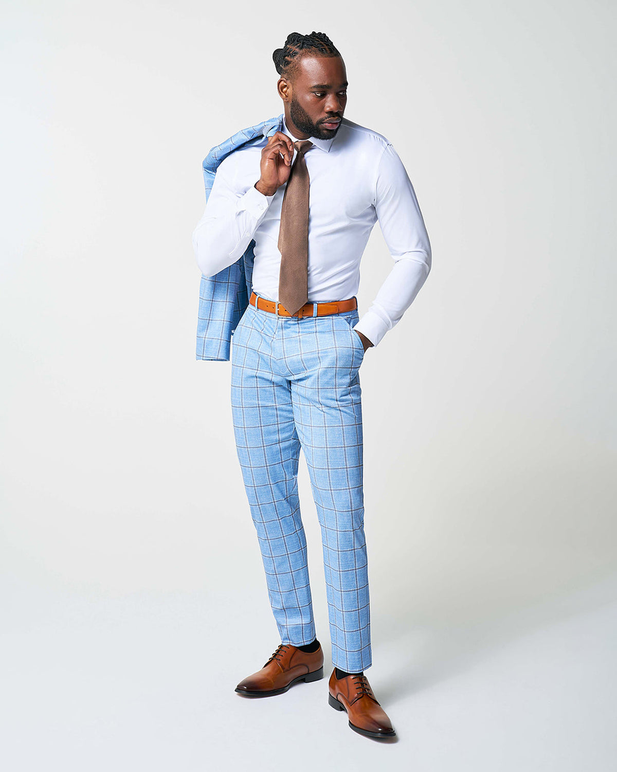 State & Liberty - Athletic Fit Stretch Suit - Light Blue and Brown Big Windowpane