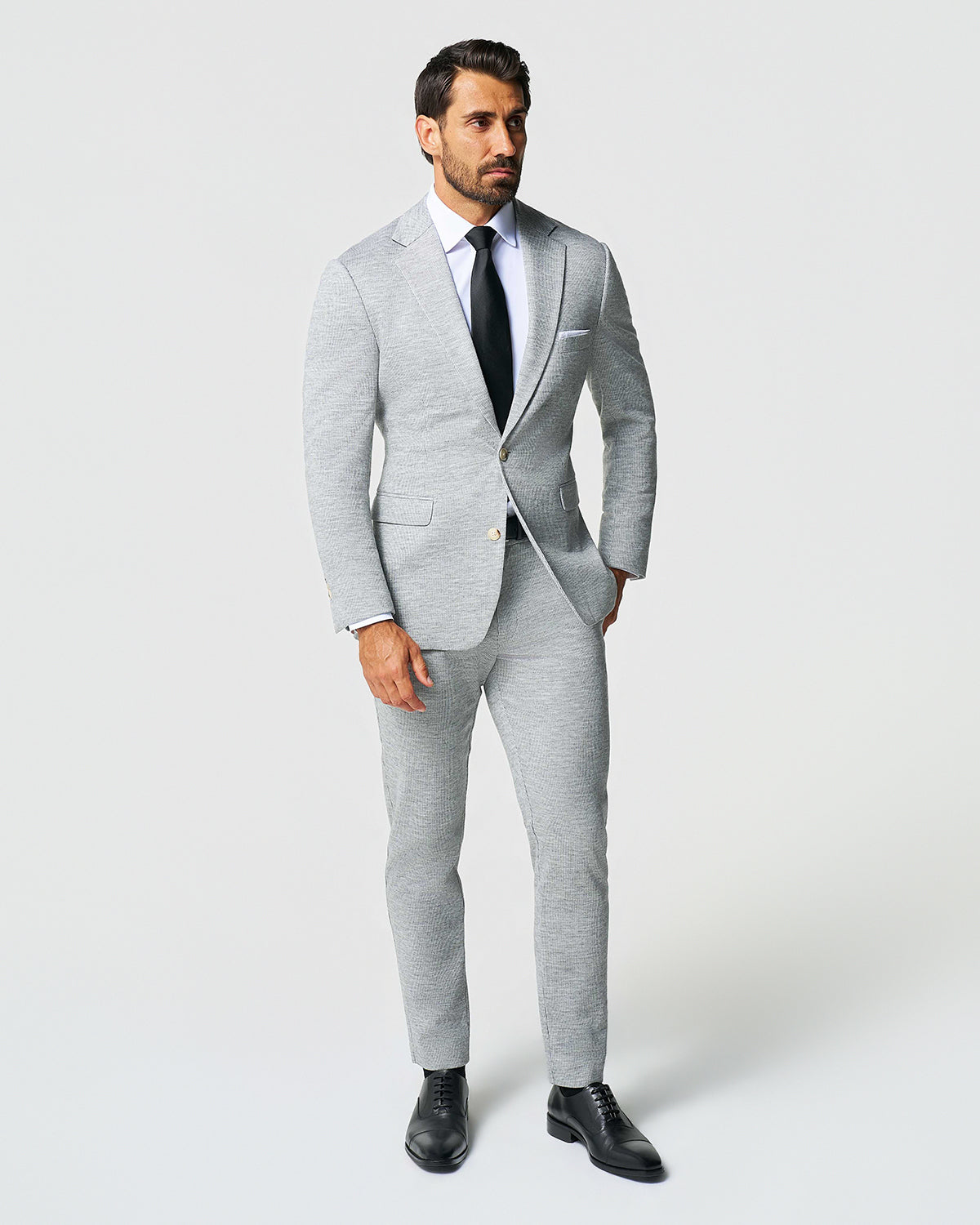 State & Liberty - Athletic Fit Stretch Wool Suit - Light Grey with White Mini Stripe