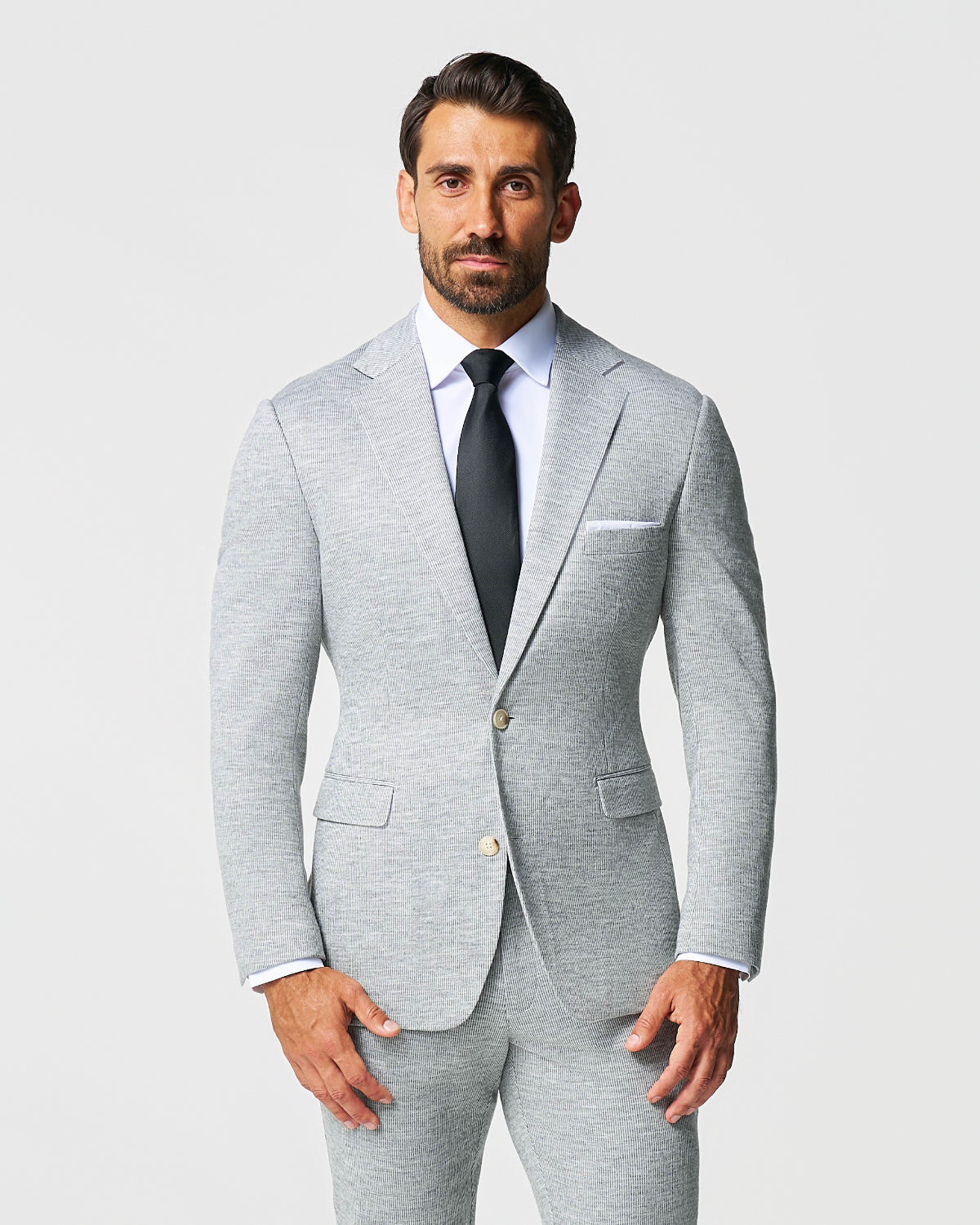 State & Liberty - Athletic Fit Stretch Wool Suit - Light Grey with White Mini Stripe