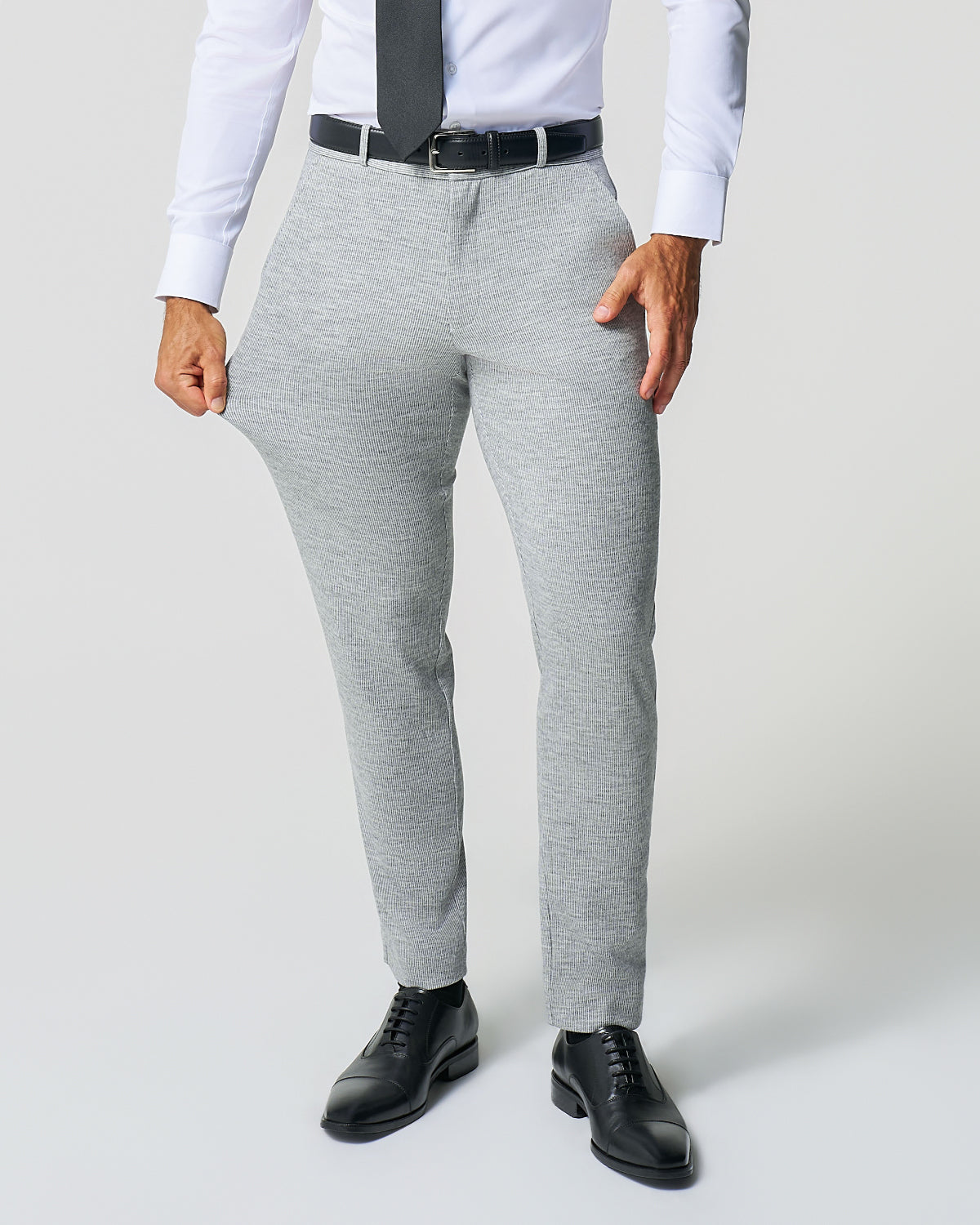 State & Liberty - Athletic Fit Stretch Wool Suit - Light Grey with White Mini Stripe