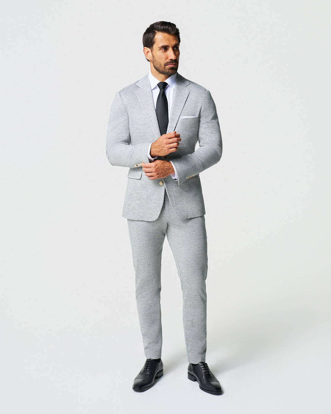 State & Liberty - Athletic Fit Stretch Wool Suit - Light Grey with White Mini Stripe