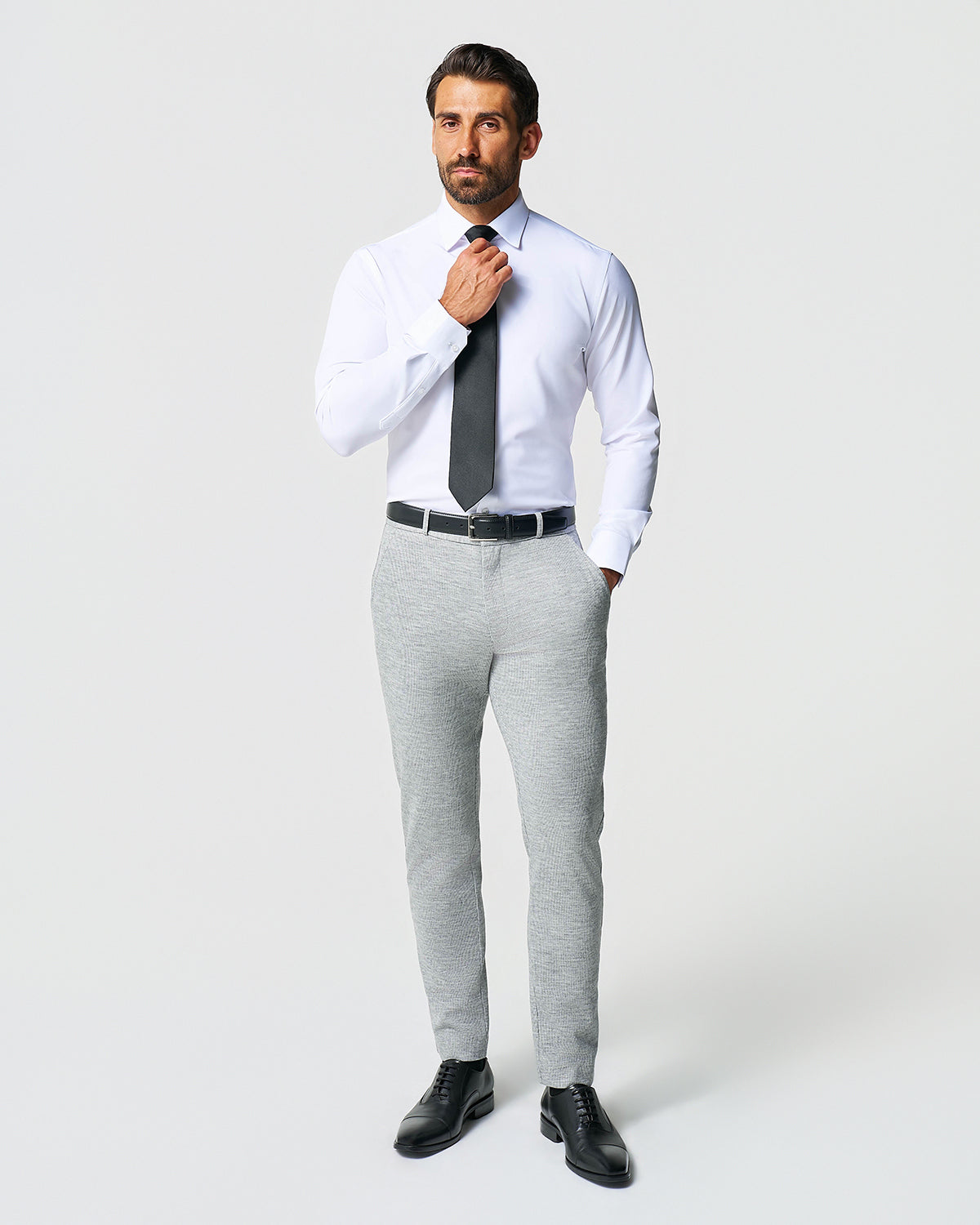 State & Liberty - Athletic Fit Stretch Wool Suit - Light Grey with White Mini Stripe