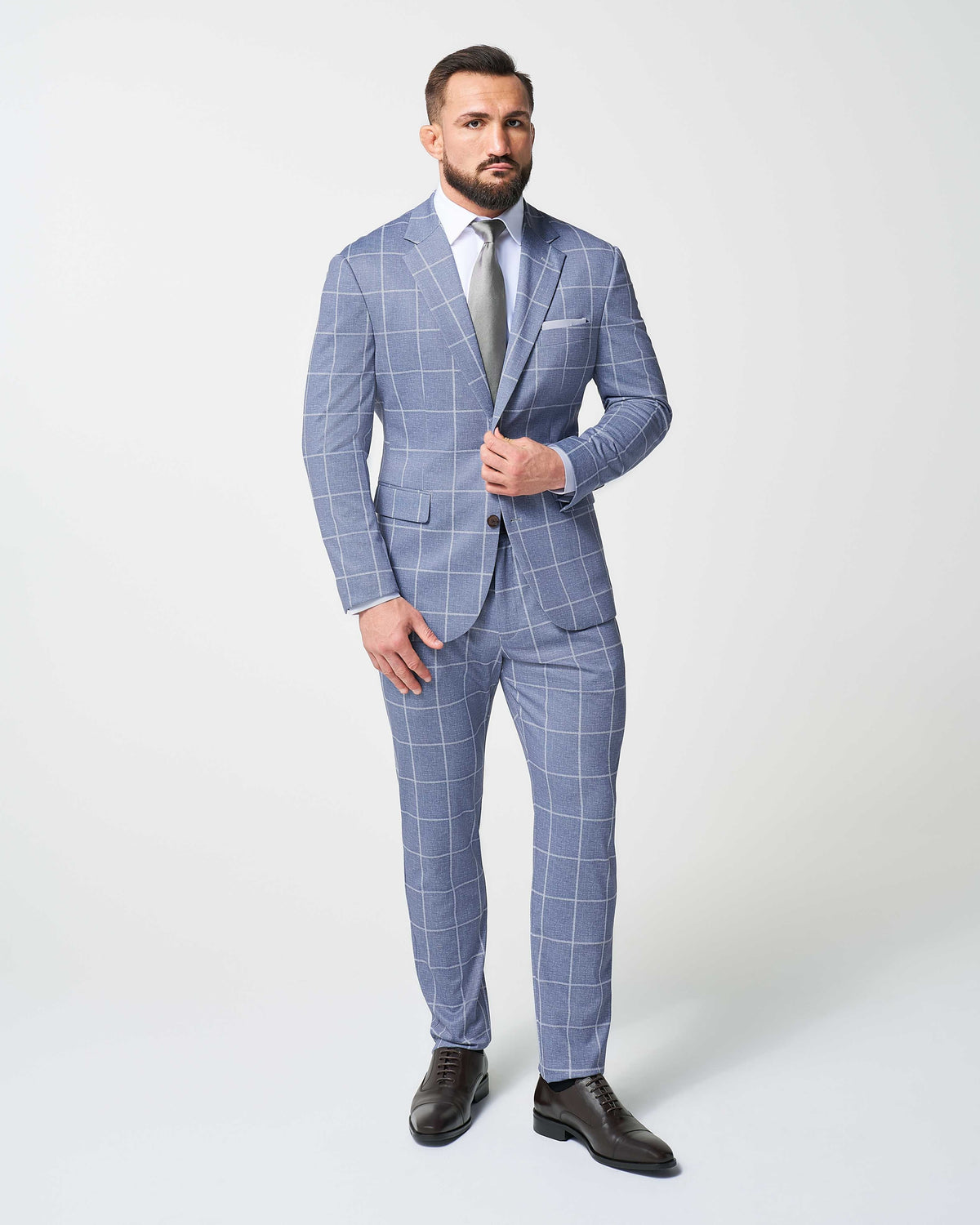 State & Liberty - Athletic Fit Stretch Suit - Textured Light Blue with White Windowpane