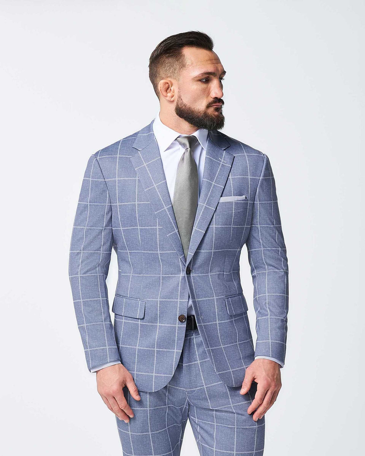 State & Liberty - Athletic Fit Stretch Suit - Textured Light Blue with White Windowpane
