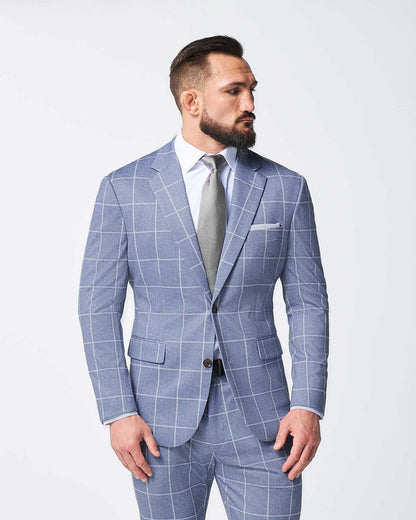 State & Liberty - Athletic Fit Stretch Suit - Textured Light Blue with White Windowpane