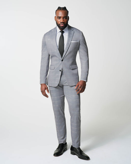 State & Liberty - Athletic Fit Stretch Suit - Light Grey & White Windowpane
