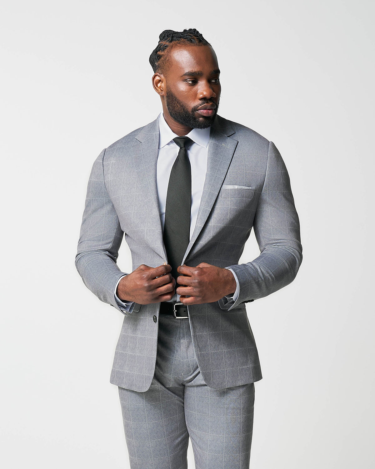 State & Liberty - Athletic Fit Stretch Suit - Light Grey & White Windowpane