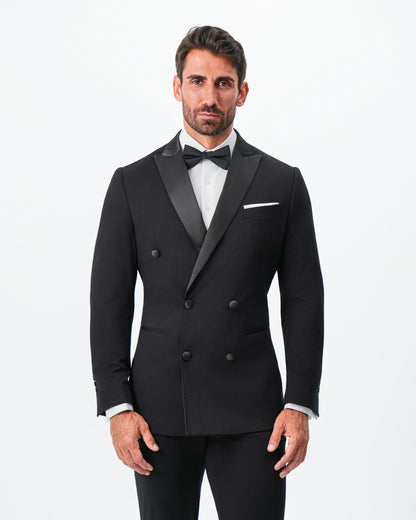 State & Liberty - Athletic Fit Stretch Tuxedo Jacket - Double Breasted Solid Black with