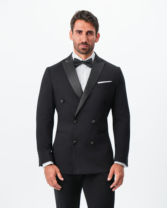 State & Liberty - Athletic Fit Stretch Tuxedo Jacket - Double Breasted Solid Black with