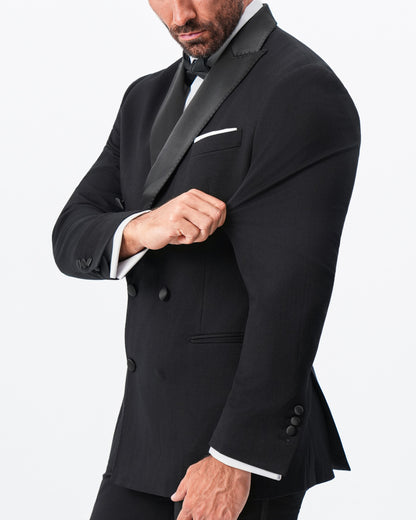 State & Liberty - Athletic Fit Stretch Tuxedo Jacket - Double Breasted Solid Black with