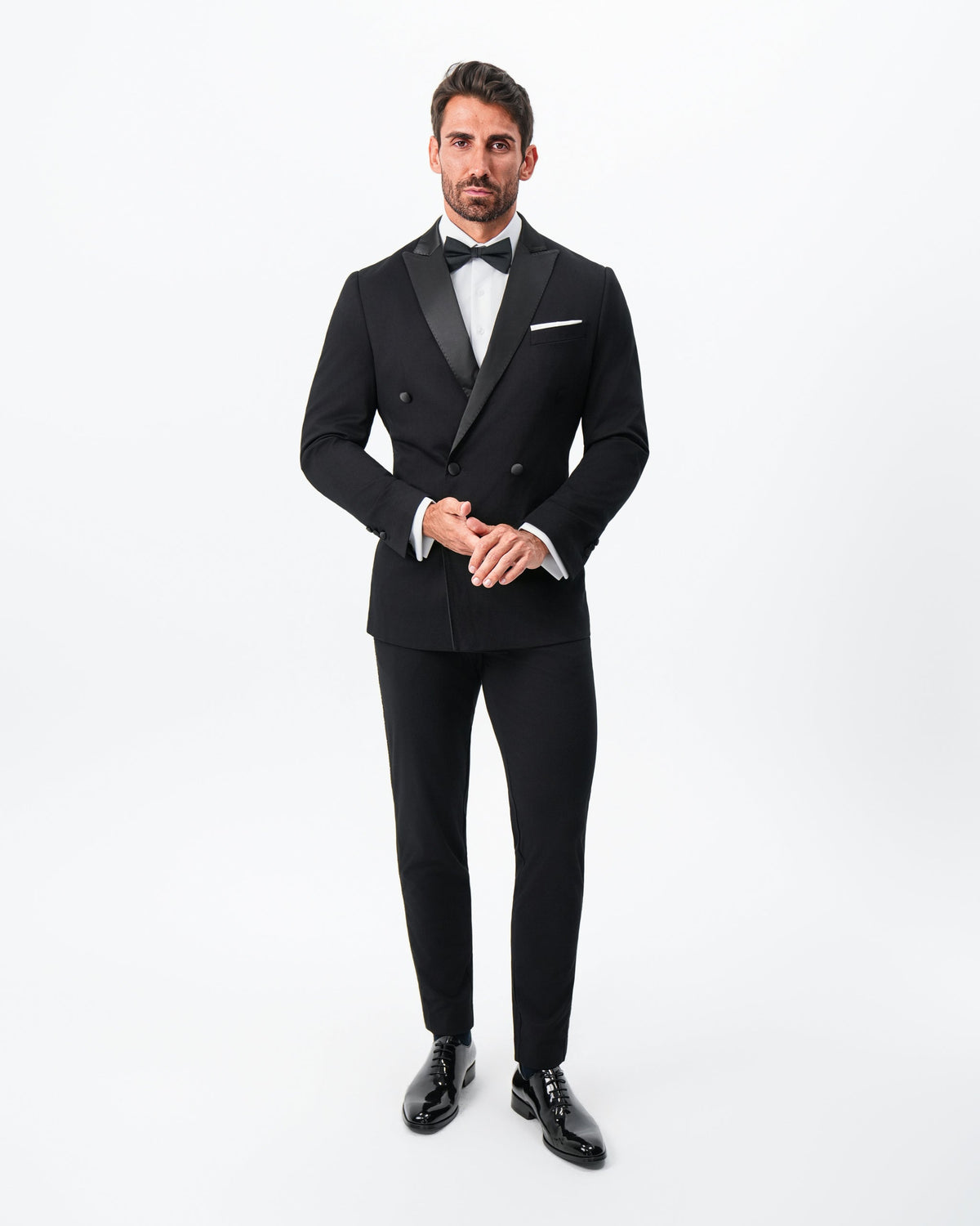 State & Liberty - Athletic Fit Stretch Tuxedo Jacket - Double Breasted Solid Black with
