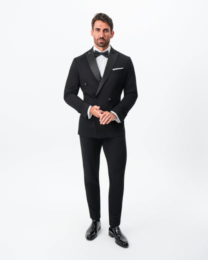State & Liberty - Athletic Fit Stretch Tuxedo Jacket - Double Breasted Solid Black with