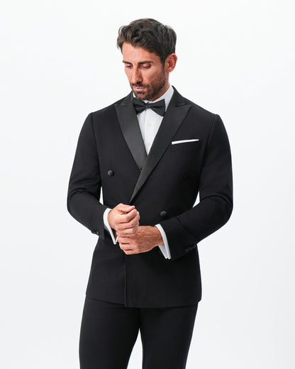 State & Liberty - Athletic Fit Stretch Tuxedo Jacket - Double Breasted Solid Black with