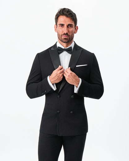 State & Liberty - Athletic Fit Stretch Tuxedo Jacket - Double Breasted Solid Black with