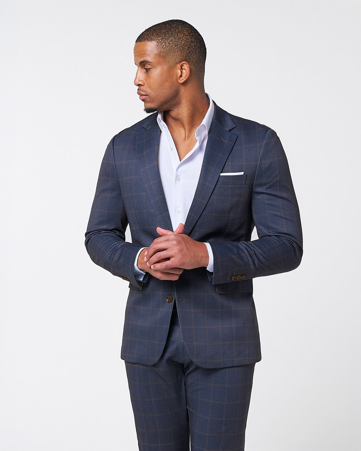 State & Liberty - Athletic Fit Stretch Blazer - Navy & Brown Windowpane