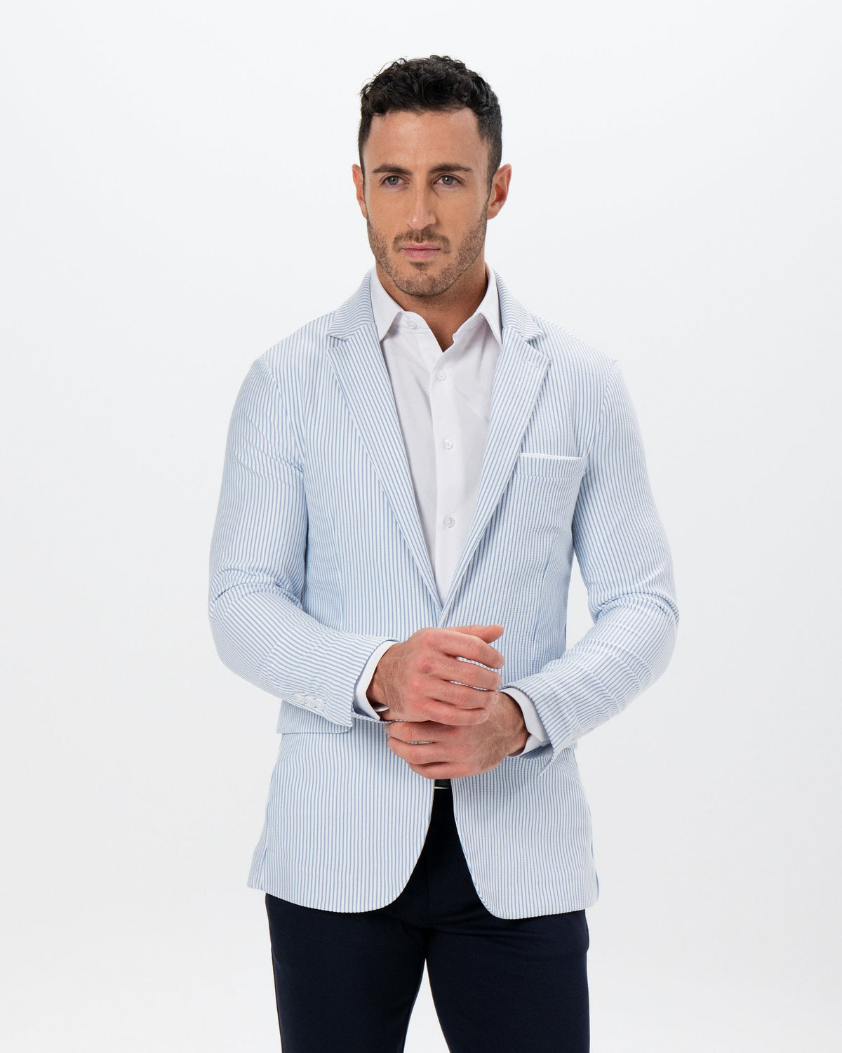 State & Liberty - Athletic Fit Stretch Blazer - Light Blue & White Seersucker