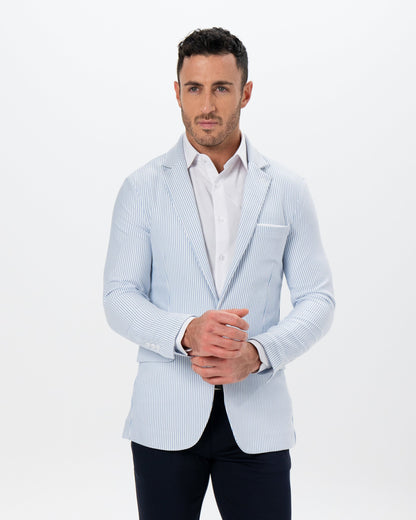 State & Liberty - Athletic Fit Stretch Blazer - Light Blue & White Seersucker