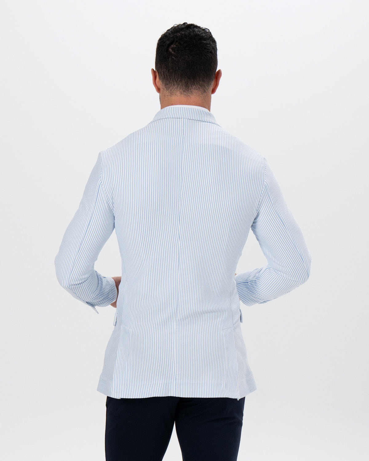 State & Liberty - Athletic Fit Stretch Blazer - Light Blue & White Seersucker