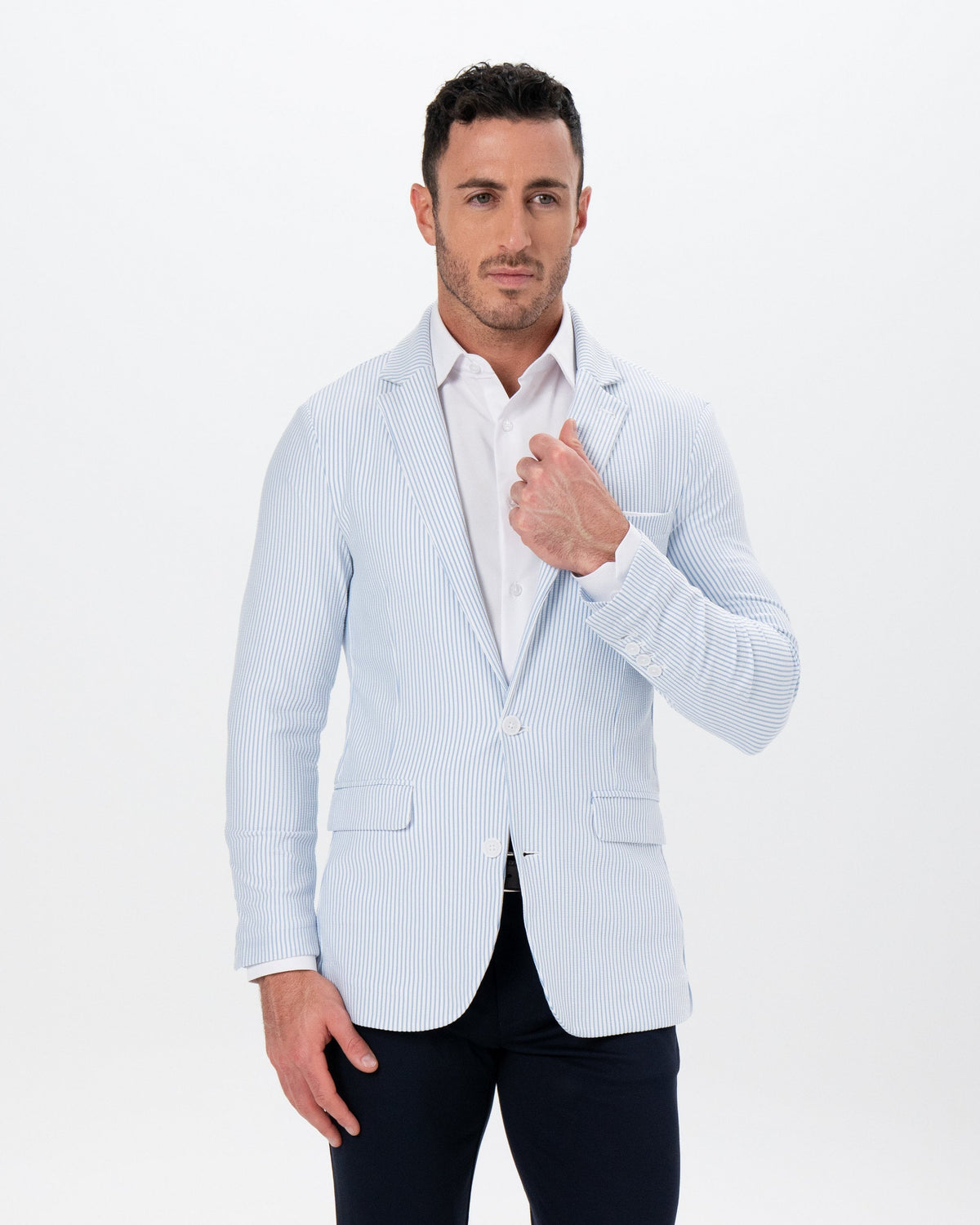 State & Liberty - Athletic Fit Stretch Blazer - Light Blue & White Seersucker