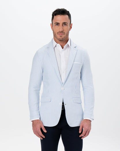 State & Liberty - Athletic Fit Stretch Blazer - Light Blue & White Seersucker