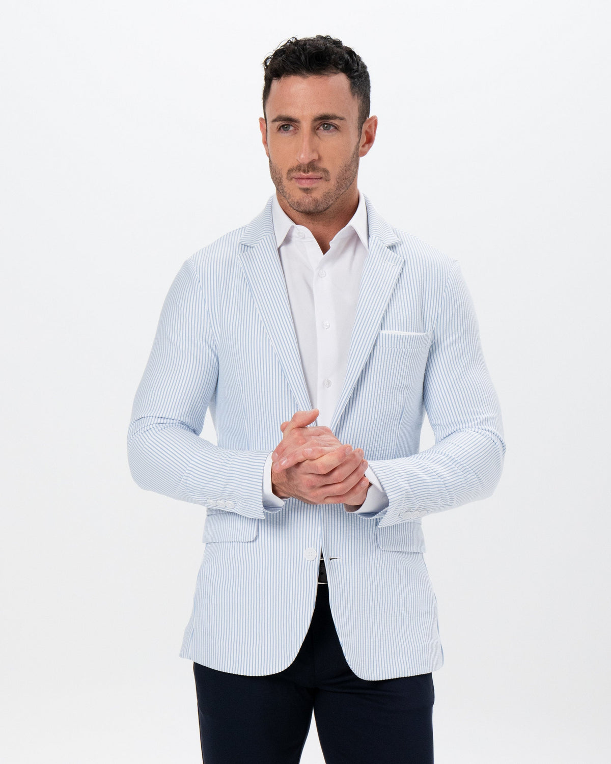 State & Liberty - Athletic Fit Stretch Blazer - Light Blue & White Seersucker